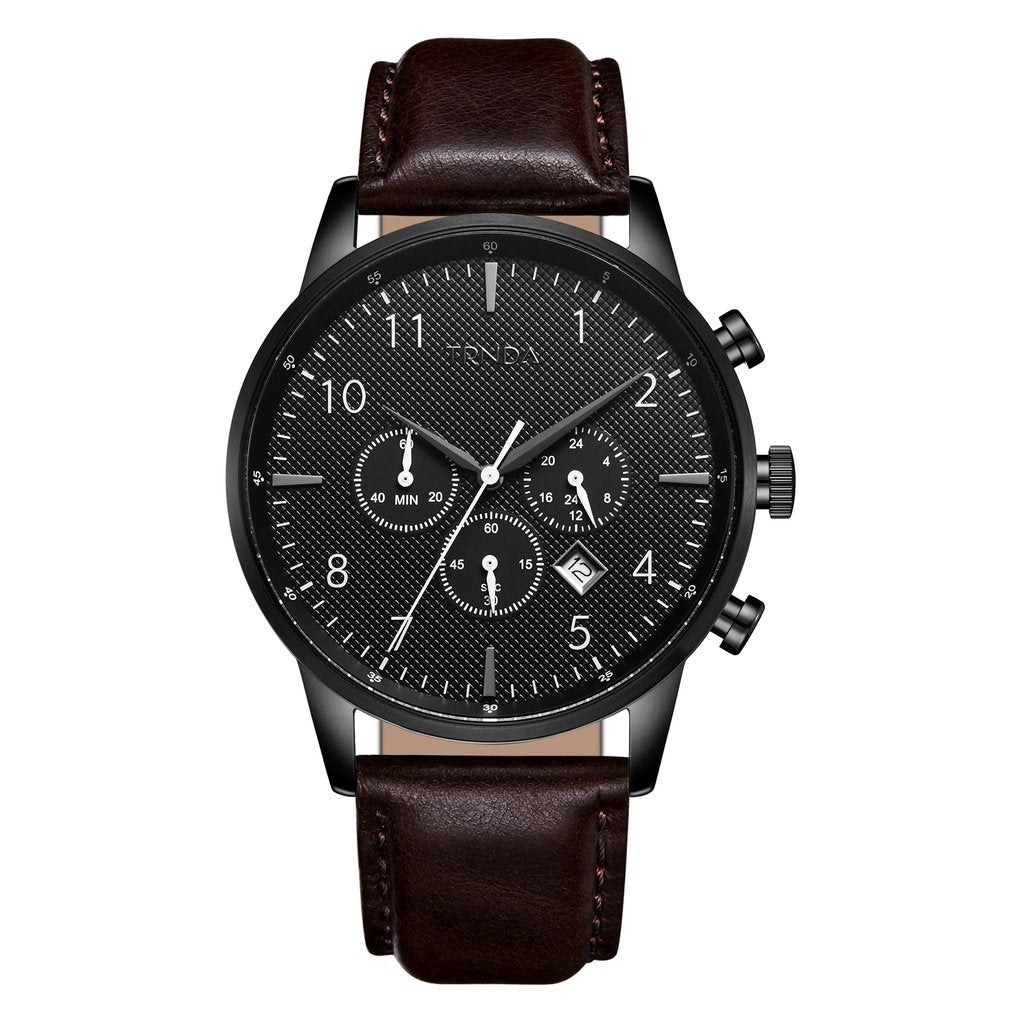 Trnda Men's Stainless Steel Black Watch, Brown Leather Band | Trn-43mm-Bl